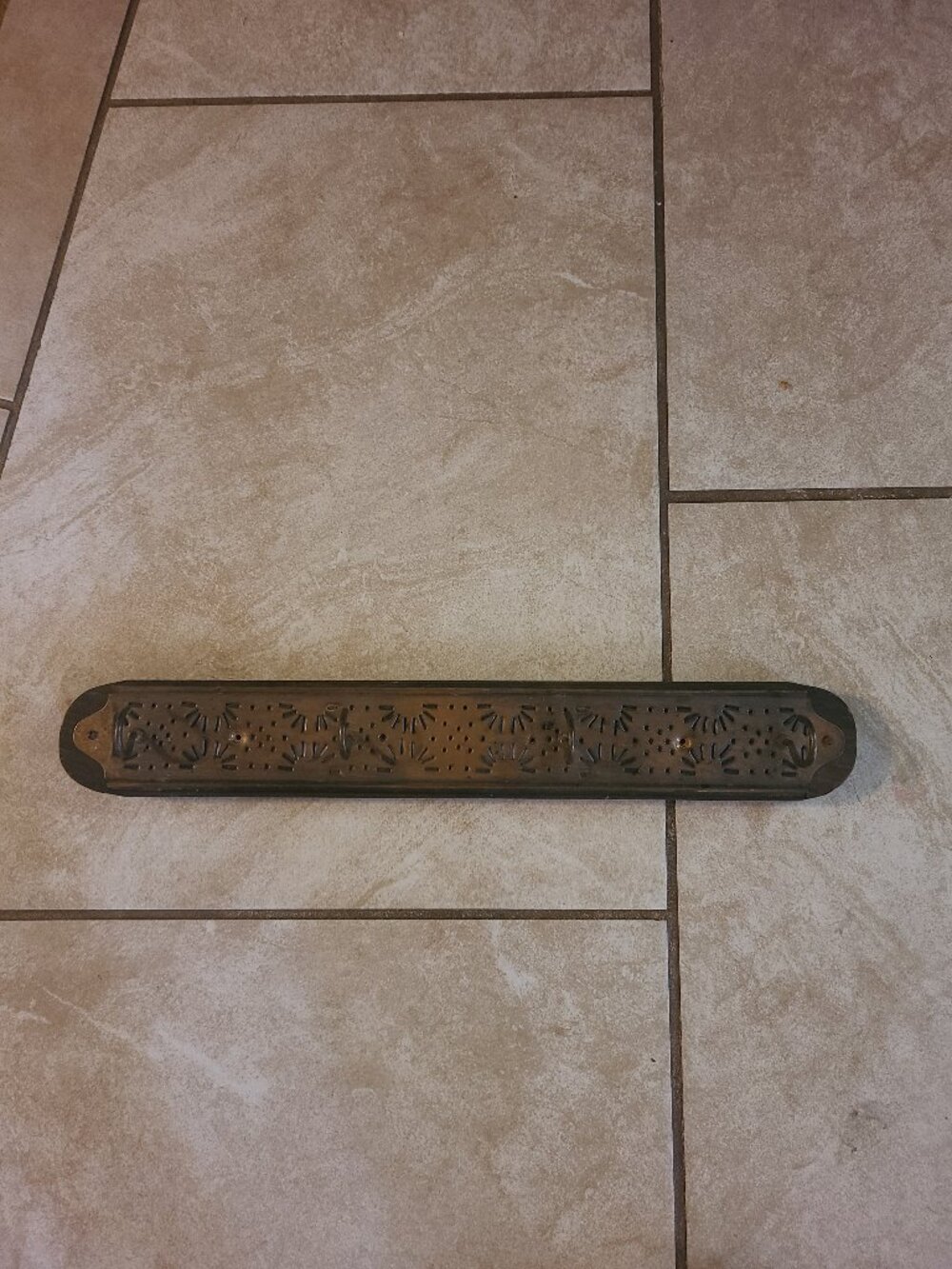 VTG Copper Tin Punch on Wood Key Holder Necklace Holder Wall Mount 4 Hooks